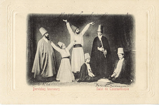A professional long-exposure shot of Whirling Dervishes in a historic Istanbul Tekke, showing the fluid motion of white skirts symbolizing spiritual transition and sacred geometry.